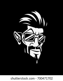 Hipster avatar face icon, on black background with sun glasses and stylish mustache and beard, hairstyle, barber shop and salon, attitude and arrogance, vector illustration