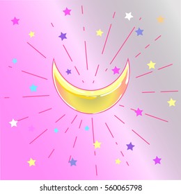 Hipster background with crescent moon and modern sun burst. Fashion design. Pastel goth, vibrant colors.