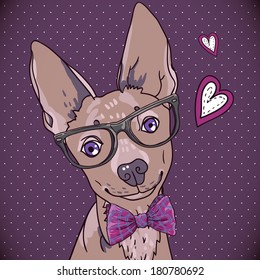 Hipster background with a dog Vector vintage illustration with hearts