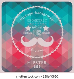 Hipster background made of triangles. Retro label design. Square composition with geometric color flow effect. Color wheel with hipster theme label. Mustache