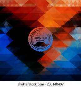 Hipster background made of triangles. Retro label design. Square composition with geometric shapes, color flow effect. Hipster theme label with mustaches