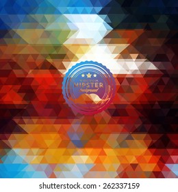 Hipster background made of triangles. Retro label design. Square composition with geometric shapes, color flow effect. Hipster theme label with mustaches