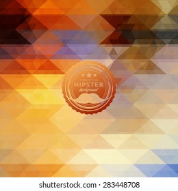 Hipster background made of triangles. Retro label design. Square composition with geometric shapes, color flow effect. Hipster theme label with mustaches