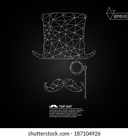 Hipster background made of triangles. Vintage silhouette of top hat, mustaches and monocle.