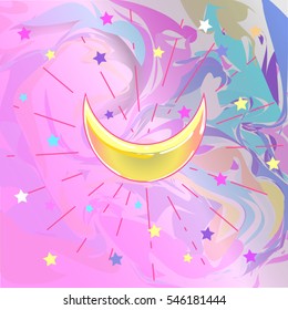 Hipster background with marble petrol pattern and crescent moon on it with rays and stars. Fashion design. Pastel goth, vibrant colors