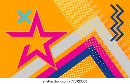 Hipster background star texture, logo design star, pattern yellow background. Vector abstract background texture design, bright poster, banner yellow background, pink and blue stripes and star.