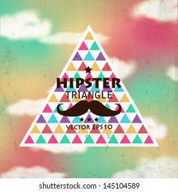 Hipster background for your retro design. Grunge poster with multicolored triangular label in the sky. Vector illustration.