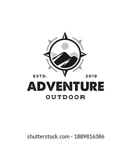 hipster badge adventure outdoor logo with Compass and mountain  design concept. Universal compass logo. Modern vintage retro concept