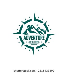 hipster badge adventure outdoor logo with Compass and mountain design concept. Universal compass logo. Modern vintage retro concept