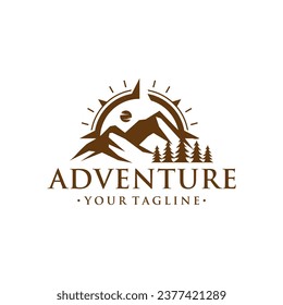 hipster badge adventure outdoor logo with Compass and mountain design concept. Universal compass logo. Modern vintage retro concept