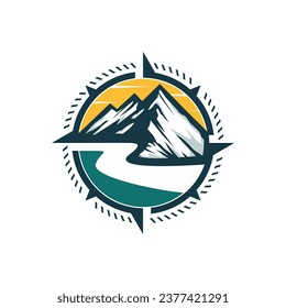 hipster badge adventure outdoor logo with Compass and mountain design concept. Universal compass logo. Modern vintage retro concept