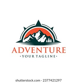 hipster badge adventure outdoor logo with Compass and mountain design concept. Universal compass logo. Modern vintage retro concept