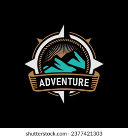 hipster badge adventure outdoor logo with Compass and mountain design concept. Universal compass logo. Modern vintage retro concept