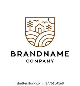 Hipster Badge Logo Of Farm Agriculture House Home In Forest With Tree And Bird Trendy Line Linear Outline Style Illustration Design