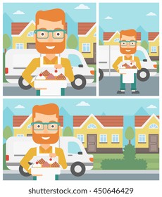 Hipster baker holding a box of cakes. Baker delivering cakes. A baker with cupcakes standing on the background of delivery truck. Vector flat design illustration. Square, horizontal, vertical layouts.