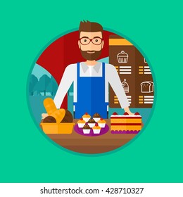 Un hipster de panadería ofrece pasteles diferentes. Un panadero parado detrás del mostrador con pasteles en la panadería. Ilustración de diseño plana vectorial en el círculo aislado en el fondo.