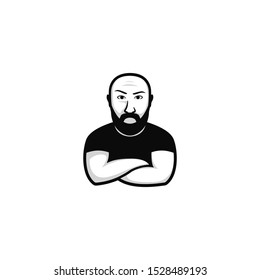 hipster bald bearded bodyguard logo icon cartoon mascot character illustration with thick black beard moustache and folding hand gesture