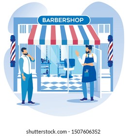 Hipster Barber Barker Stand in front of New Barbershop Window Inviting Man for Beauty Procedures and Hairstyle Services to Grooming Place, Gentleman Salon Men Fashion Cartoon Flat Vector Illustration