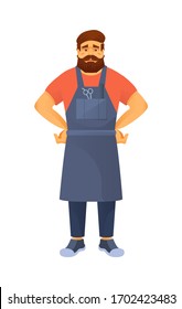 Hipster barber with beard in apron and accessories. Professional hairdresser in barbershop is ready to make haircut and styling, in hairdressing salon. Beauty, healthy lifestyle. Vector illustration.