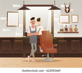 ?artoon hipster barber character.  Barber shop, lounge chair, man. Vector illustration