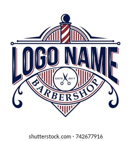 hipster barber logo design icon with pole, Red and blue navy Vintage retro classic Victorian style barbershop logo VECTOR