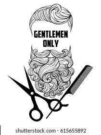 Hipster barber shop logo, badge. Beard, scissors, razor. Curly Beard mustache 