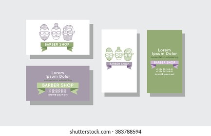 Hipster in barbershop. Business cards for barbershop