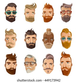 Hipster barbershop cartoon european people with beards moustaches and various stylish haircuts on white background isolated vector illustration