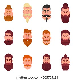 Hipster barbershop cartoon european people with beards mustaches and various stylish haircuts on white background isolated vector illustration