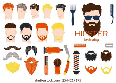 Hipster barbería conjunto Elementos en Diseño gráfico plano. Colección de cortes de cabello masculinos, estilos de bigote y barba, peines, cuchillas, maquinilla de afeitar eléctrica o recta, poste rayado, otros. Ilustración vectorial.