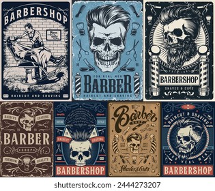 Conjunto de barbería Hipster pósters coloridos con las palabras corte de pelo y afeitado cerca de los cráneos con barbas y peinados con estilo Ilustración vectorial