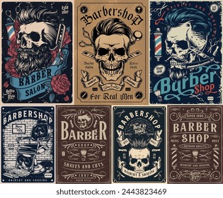 Conjunto de barbería Hipster pegatinas cráneo colorido con barba elegante y peinado para la publicidad de peluquería en la revista de moda ilustración vectorial