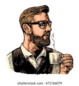 Hipster barista with the beard holding a cup of hot coffee. Hand drawn style. Vintage vector color engraving illustration for label, web, poster. Isolated on white background.