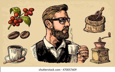 Hipster barista holding a cup of hot coffee. Sack with beans and wooden scoop,  branch with leaf and berry. Vintage vector engraving illustration. Isolated on beige background.