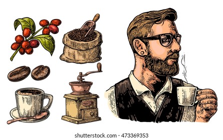 Hipster barista holding a cup of hot coffee. Sack with beans and wooden scoop, cup, branch with leaf and berry. Vintage color vector engraving illustration. Isolated on white background.