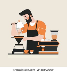 Hipster barista making coffee By pouring a brewed coffee into coffee filter And surrounded by A cup of coffee and Espresso Machine In flat illustration style. with warm tones