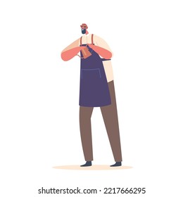 Hipster Barista Pouring Coffee Isolated On White Background. Smiling Male Character Bartender Wear Apron Work in Cafe or Coffee Shop Cooking Fresh Aromatic Beverage. Cartoon People Vector Illustration