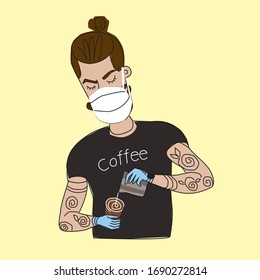 Hipster barista in tattoos makes coffee. He's Wearing medical face mask protection against the of coronavirus pandemic. Doodle style, Vector, isolated
