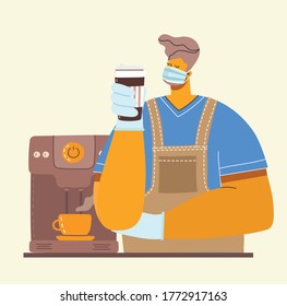 Hipster barista in tattoos makes coffee. He's Wearing medical face mask protection against the of coronavirus pandemic. Doodle style vector isolated picture