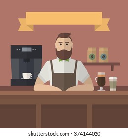 Hipster barista. Vector retro flat style bartender serving coffee in cafe. Vintage cafe background.