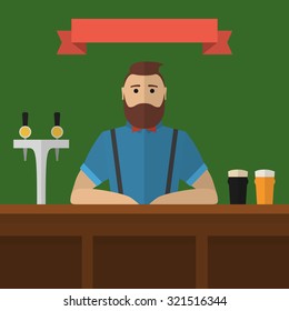 Hipster Bartender. Vector Vintage Flat Style Barman Serving Craft Beer In Pub.