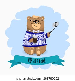 Hipster bear with cup of coffee and selfie card design illustration 
