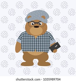 Hipster bear with smartphone cartoon