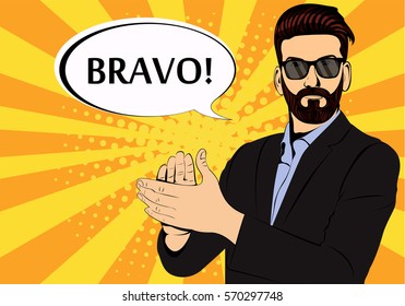 Hipster beard businessman applause bravo concept of success retro style pop art. Businessman in glasses in comic style. Success concept vector illustration.