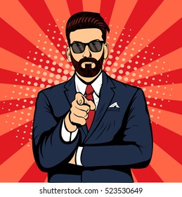 Hipster beard businessman pointing finger pop art retro vector. Index finger. Promo people. We are waiting for you