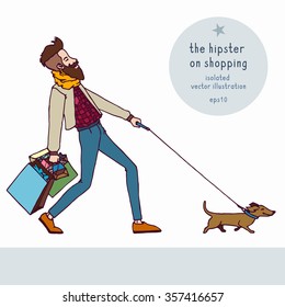 The hipster with a beard enjoys shopping. Vector illustration.