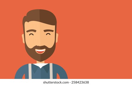 The hipster with a beard is laughing. Fun concept. Vector flat design illustration. Horizontal layout with a text space in a right.