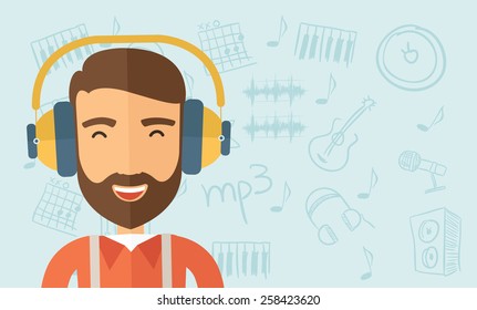 The hipster with a beard is listenning to music. Fun concept. Vector flat design illustration. Horizontal layout with a text space in a right.