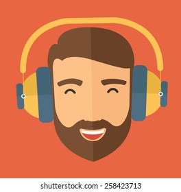 The hipster with a beard is listenning to music. Fun avatar concept. Vector flat design illustration.