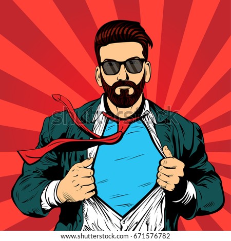 Hipster beard male businessman pop art retro vector illustration. Strong Businessman in glasses in comic style. Success concept.